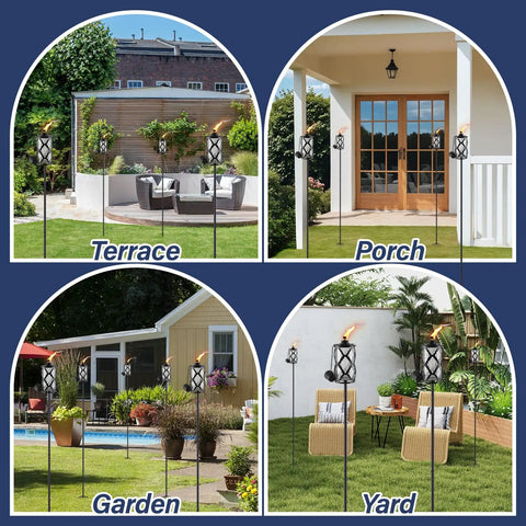 4 Pack Gray Glass Outdoor Garden Torches 59 Inch Tall With Upgraded 16 Oz Citronella Fuel 5 Prong Stake installed on terrace, porch, garden, yard