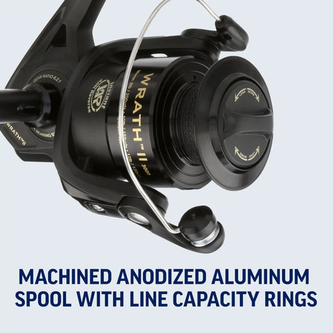 Close-up of Wrath II Saltwater Spinning Reel 3000 Size with reversible handle, black gold finish, machined anodized aluminum spool.