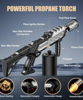 Diagram of Powerful Propane Torch Gun With Adjustable Flame featuring labeled components and handle design, CSA certified, tank not included