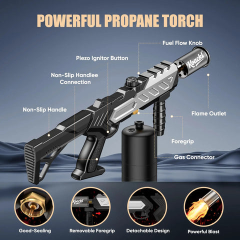 Diagram of Powerful Propane Torch Gun With Adjustable Flame featuring labeled components and handle design, CSA certified, tank not included