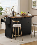 60 Inch Kitchen Island With Power Outlet And Drop Leaf, Rolling Kitchen Island Cart in dining setup with stools and tableware