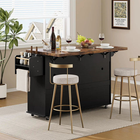 60 Inch Kitchen Island With Power Outlet And Drop Leaf, Rolling Kitchen Island Cart in dining setup with stools and tableware
