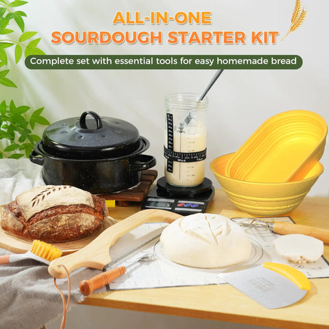 Sourdough Starter Kit For Beginners Newbie Friendly With 34 Oz Starter Jar And Clear Scale Markings Two Silicone Proofing Baskets Complete Bread Baking Kit With Guide And Recipes Easy To Use And Clean Yellow on kitchen counter