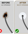 Before and after using 4 Pack 1 Inch Wall Cable Pass Through Grommets, Plastic Feed Through Bushings for Cables, white wall before repaired