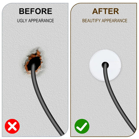 Before and after using 4 Pack 1 Inch Wall Cable Pass Through Grommets, Plastic Feed Through Bushings for Cables, white wall before repaired