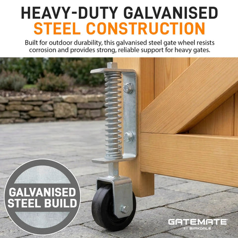 Heavy-Duty Gate Wheel With A Large Four Inch Wheel For Smooth Operation on outdoor gate, weather-resistant black finish