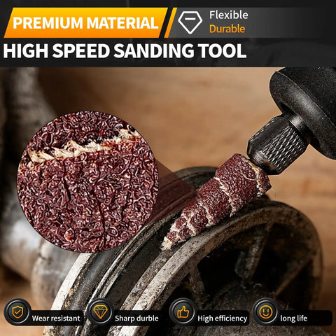 Twenty Piece Cone Shaped Sanding Flap Wheel Set with Eighty Grit One Eighth Inch Shank Ideal for Grinding and Polishing Surfaces Grooves Corners and Deburring on Rotary Tools