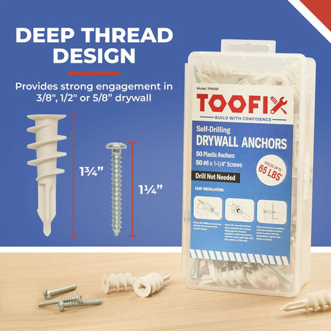 Premium Quality Self Drilling Drywall Anchor Kit With Screws, No Sweat Install For Hollow Walls, Bulletproof Grip Plastic Fasteners, 100 Piece Set For Weekend Builds