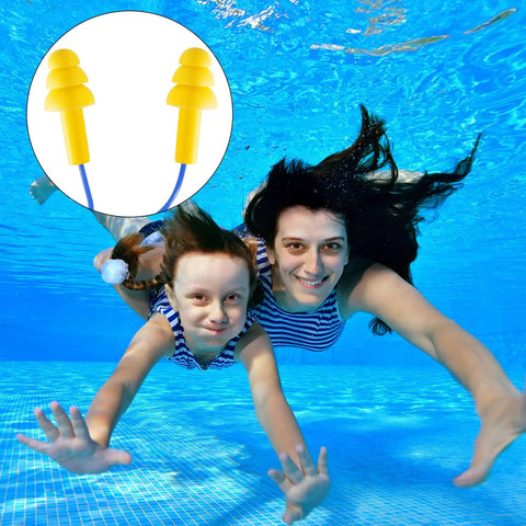 Corded Silicone Ear Plugs 25 Pairs Reusable Waterproof Hearing Protection For Sleeping Snoring Swimming Shooting Noise Canceling Soft Comfy Colorful Multi Pack shown underwater with swimmers.