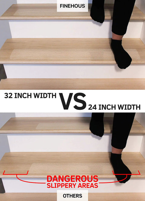 Comparison of 32 inch vs 24 inch non-slip stair strips for safety, featuring Pre Cut 32x4 Non Slip Stair Tape Bundle.