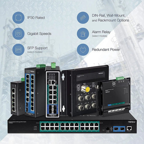5 Port Hardened Industrial Gigabit PoE Plus DIN Rail Switch With 120W Power Budget 1 X SFP Slot IP30 Rated Unmanaged Switch