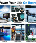 Collage of marine electronics including fish finders, chartplotter, trolling motor, marine VHF, lighting, and oxygen pump on board.