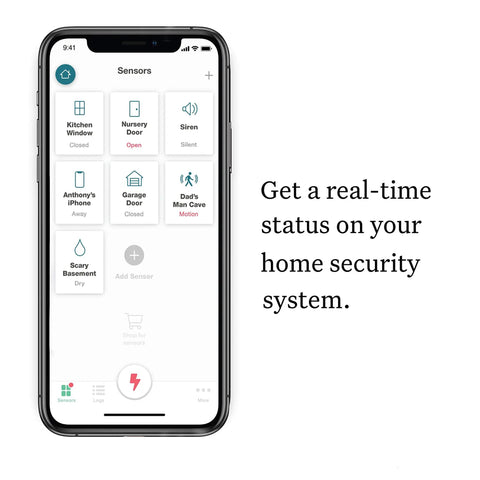 Motion Sensor For Home Security With Wireless Connectivity, Free Self Monitoring, No Contracts, Optional Pro Monitoring, Remote 911, Works With Smart Home Security, Includes Door Window Water And Garage Door Sensors, White smartphone sensor app screen