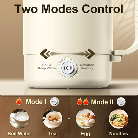 Close-up of Grab And Go Portable Travel Kettle 600ml With Foldable Handle Electric Kettle Food Grade Stainless Steel showing dual modes.