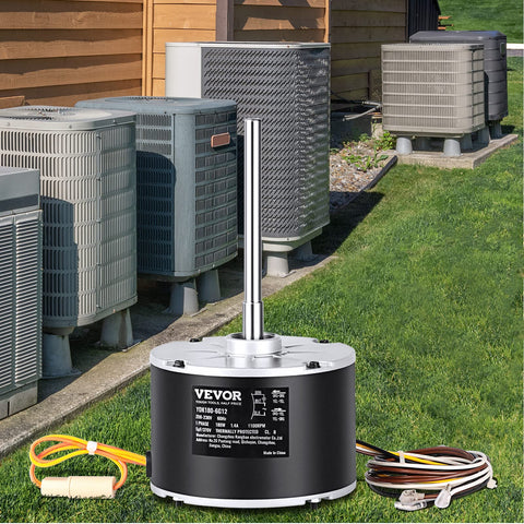 OEM Upgraded Condenser Fan Motor 0.25 HP 1100 RPM With Overheat Protection 208-230V for HVAC units, shown outdoors.