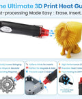 Boss Level 184-Piece 3D Printer Tools Kit With Hanging Organizer, heat gun shown removing stringing from yellow lion 3D print.