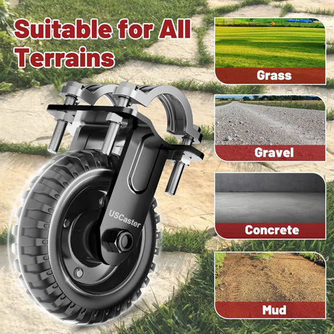 Heavy Duty Gate Wheel For Metal Gates And Fences, Eight Inch Gate Caster Fits One And A Quarter To Two And A Quarter Inch Outer Diameter, Anti Slip Rubber Tread, Galvanized Wheel Surface For Corrosion Resistance, 550 Lb Capacity, Black, One Pack on multiple terrains