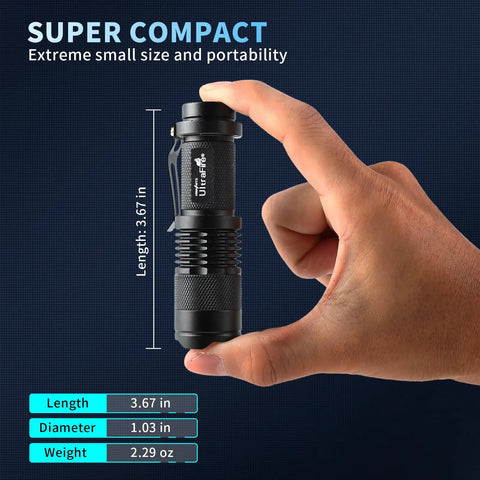 Person holding a 5 Pack SK68 Tactical Flashlights, 7W LED, 3-Mode Pocket Torch With Adjustable Focus Zoom, compact size