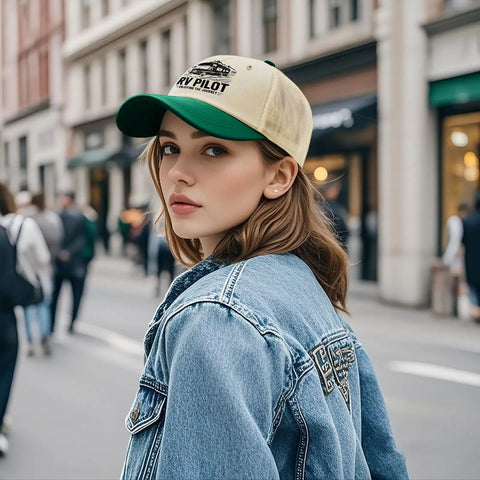 Dope RV Pilot Hat For Road Trips And Camping worn by person in denim jacket, beige with green accents, outdoor style statement