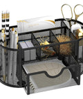 Mesh Desk Organizer With Drawers, 9 Compartments Pencil Holder For Desk, Go To Office Accessory, Black