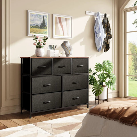 7 Drawer Dresser And TV Stand Media Console With Metal Frame And Wood Top For TVs Up To 45 Inches in bedroom setting