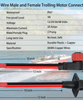 Two-wire trolling motor plug and receptacle set with male and female connectors; waterproof IP67, 12/24/36/48V, 8 AWG red/black wires.