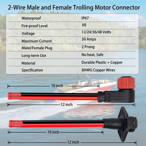 Two-wire trolling motor plug and receptacle set with male and female connectors; waterproof IP67, 12/24/36/48V, 8 AWG red/black wires.