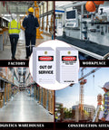 No Sweat Bulk 50 Pack Danger Out Of Service Tags For Industrial Facilities With Double Sided Bold Print And White Cable Zip Ties Plus Marker Pen For Fast Lockout Safety Procedures displayed in factory, workplace, and construction sites.