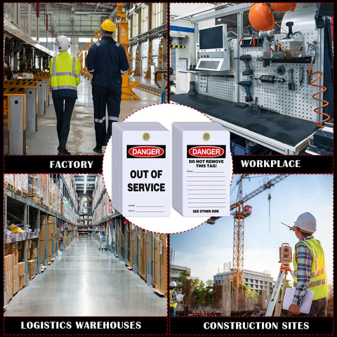 No Sweat Bulk 50 Pack Danger Out Of Service Tags For Industrial Facilities With Double Sided Bold Print And White Cable Zip Ties Plus Marker Pen For Fast Lockout Safety Procedures displayed in factory, workplace, and construction sites.