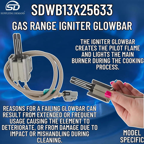 WB13X25633 Glowbar Gas Range Igniter Replacement Model Specific Not Universal shown with hand for size reference.