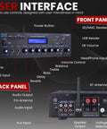 Front and back panel of Wireless Bluetooth Stereo Amplifier Multi Channel 200 Watt Power Home Audio Receiver with controls labeled.