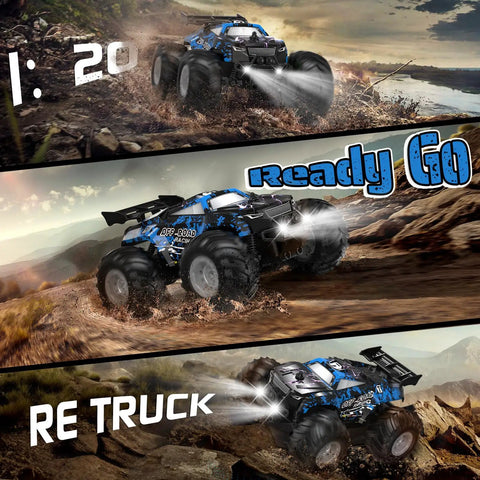 All Terrain Remote Control Car For Kids And Beginners 1:20 Scale Dual Motor RC Truck driving on rugged terrain with LED lights