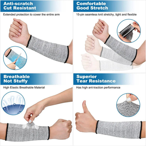 Four views of Cut Resistant Arm Sleeves Level 5 For Men And Women showing anti-scratch, stretch, breathability, and tear resistance.
