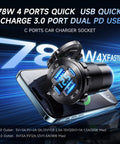 Upgrade Your Daily Whip With This Four Port 12V USB Car Charger Featuring Bright LED Voltmeter And Dual PD30W QC18W Fast Charging Ports Crafted From Rugged Aluminum Alloy For Every Cruiser Setup. Image of 4 port USB car charger socket with digital display on smartphone.