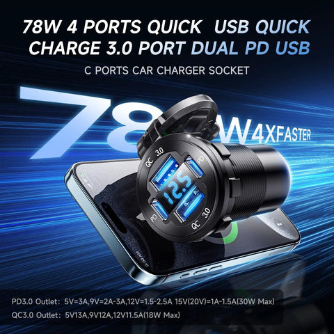 Upgrade Your Daily Whip With This Four Port 12V USB Car Charger Featuring Bright LED Voltmeter And Dual PD30W QC18W Fast Charging Ports Crafted From Rugged Aluminum Alloy For Every Cruiser Setup. Image of 4 port USB car charger socket with digital display on smartphone.