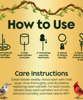 Illustrated instructions for Rugged Cylinder Bird Feeder Holder For Outdoor Hanging Holds Bird Seed Cylinders Logs And Birdseed Cakes Up To Six Inch Diameter With O Ring And Locking S Hook Includes Mounting Accessories with care instructions and bird illustrations.