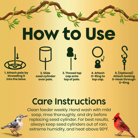 Illustrated instructions for Rugged Cylinder Bird Feeder Holder For Outdoor Hanging Holds Bird Seed Cylinders Logs And Birdseed Cakes Up To Six Inch Diameter With O Ring And Locking S Hook Includes Mounting Accessories with care instructions and bird illustrations.