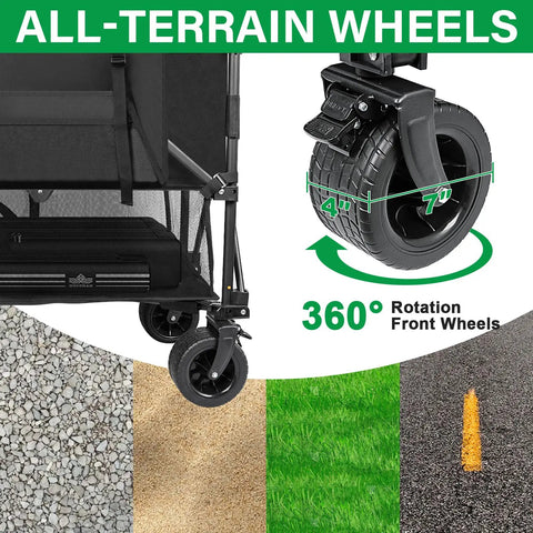 Double Decker Wagon With 600Lb Total Capacity And 400L Collapsible Utility Cart featuring 7-inch all-terrain wheels, close-up view.