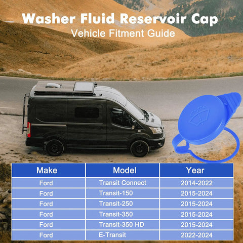 Direct Fit Windshield Washer Fluid Cap Replacement Fits Ford Focus 2012 2013 2014 2015 2016 2017 2018 Ford Transit Wiper Fluid Tank Cover Easy Install Durable Seal For Leak Free Performance And Long Lasting Fit displayed beside a black Ford Transit vehicle and fitment guide table