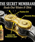 Image showing chain with Gold Bike Chain Lube 4oz Two In One Clean And Lubricates For Road Track MTB And BMX with text overlay.