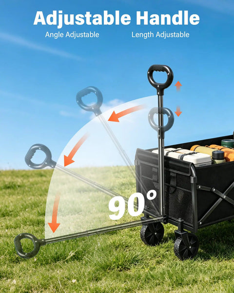 All Terrain Folding Wagon Cart with adjustable handle for easy towing. Heavy Duty Collapsible Utility Wagon, Black, 330LBS capacity.