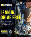 Man securing cargo strap on vehicle, emphasizing strength and reliability, with text promoting industrial-grade products from DC Cargo.