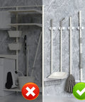 Three Pack Wall Mount Mop And Broom Holder Organizer With Self Adhesive Clips For Bathroom Kitchen Garage Garden Made Of ABS Plastic Sturdy Non Slip Hanger Rack installed demonstrating tidy storage solution