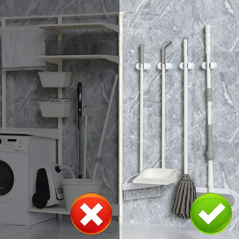Three Pack Wall Mount Mop And Broom Holder Organizer With Self Adhesive Clips For Bathroom Kitchen Garage Garden Made Of ABS Plastic Sturdy Non Slip Hanger Rack installed demonstrating tidy storage solution