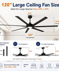 120 Inch Ceiling Fan With Lights For Large Commercial Spaces And Industrial Shops, Heavy Duty Outdoor Covered Area Fan Delivering Up To 24,000 CFM Of Powerful Airflow, Built For Big Open Rooms; black blade size chart