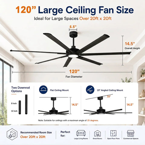 120 Inch Ceiling Fan With Lights For Large Commercial Spaces And Industrial Shops, Heavy Duty Outdoor Covered Area Fan Delivering Up To 24,000 CFM Of Powerful Airflow, Built For Big Open Rooms; black blade size chart