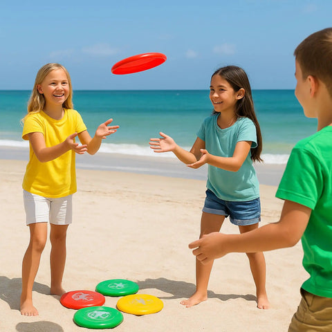 Kids playing with 12 Pack Plastic Flying Discs for Outdoors and Beach Games Totally Great for Kids and Adults on a sunny beach.
