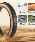 26x4.0 Fat Bike Tires And Tubes Set For E-Bikes And Mountain Bikes All Terrain Puncture-Resistant Folding Tire Kit with skin tone sidewalls, shown on snow, woodland, mud, and mountain terrains.