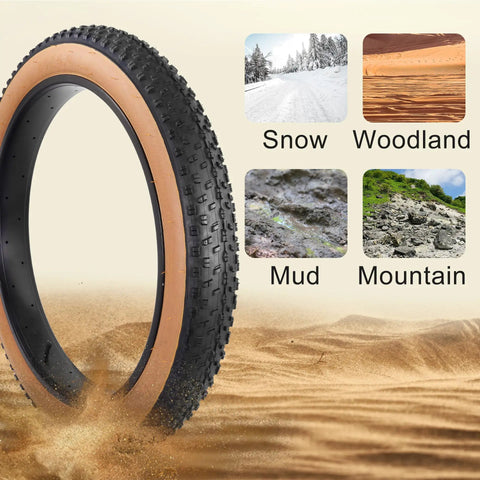 26x4.0 Fat Bike Tires And Tubes Set For E-Bikes And Mountain Bikes All Terrain Puncture-Resistant Folding Tire Kit with skin tone sidewalls, shown on snow, woodland, mud, and mountain terrains.