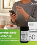 Person using GlucoCard Expression Blood Glucose Test Strips No Coding with breakfast setup, promoting easy sugar monitoring.